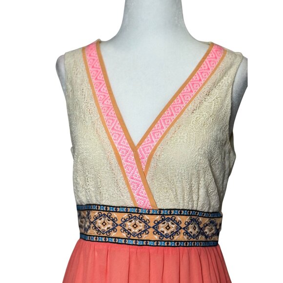 Flying Tomato Maxi Dress Size Medium V-neck Sleeveless Coral Boho Peasant Beach - Picture 2 of 14